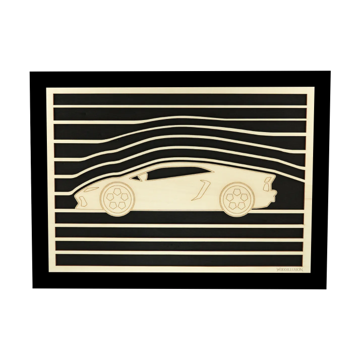 Customizable wall art frame of a car design in cut and engraved wood