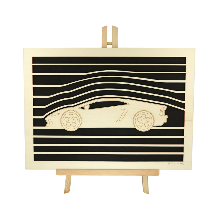 Customizable wall art frame of a car design in cut and engraved wood