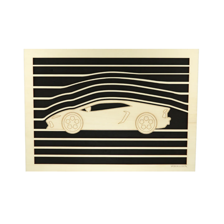 Customizable wall art frame of a car design in cut and engraved wood