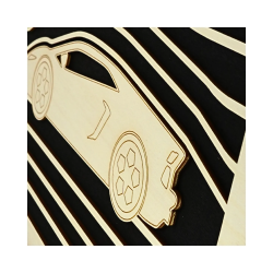 Zoom on a customizable wall art frame of a car design in cut and engraved wood