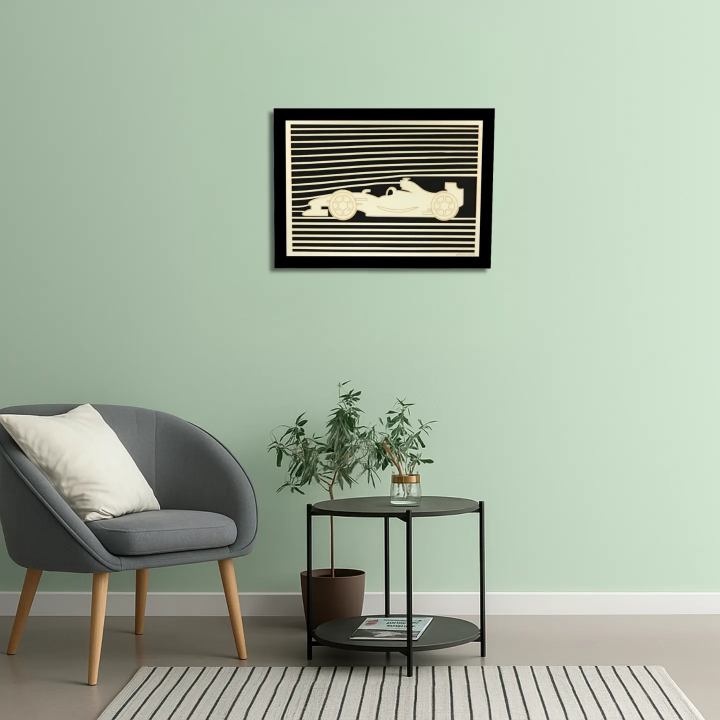 Waiting room view with a customizable wall art frame of a car design in cut and engraved wood