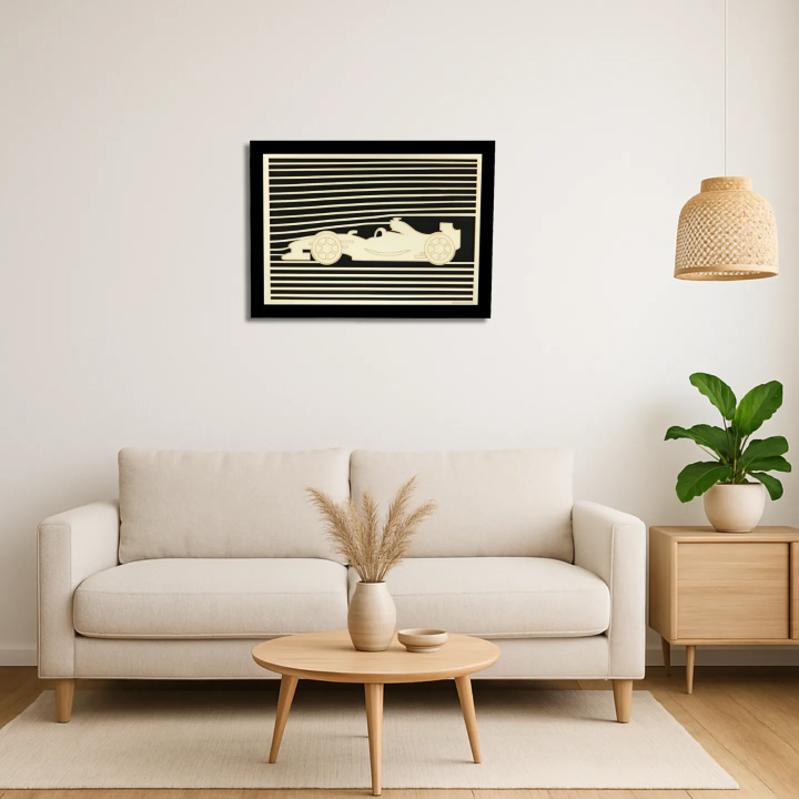 Living room view with a customizable wall art frame of a car design in cut and engraved wood