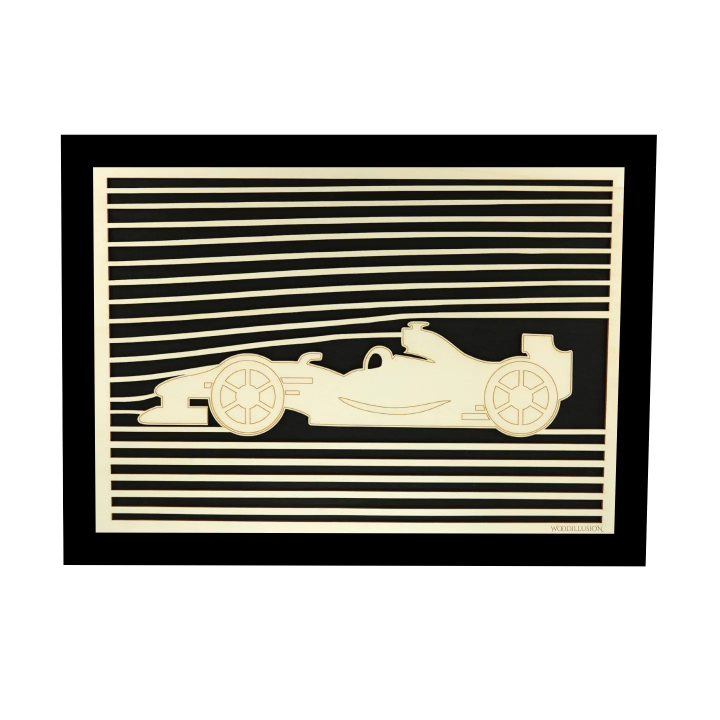 Customizable wall art frame of a car design in cut and engraved wood