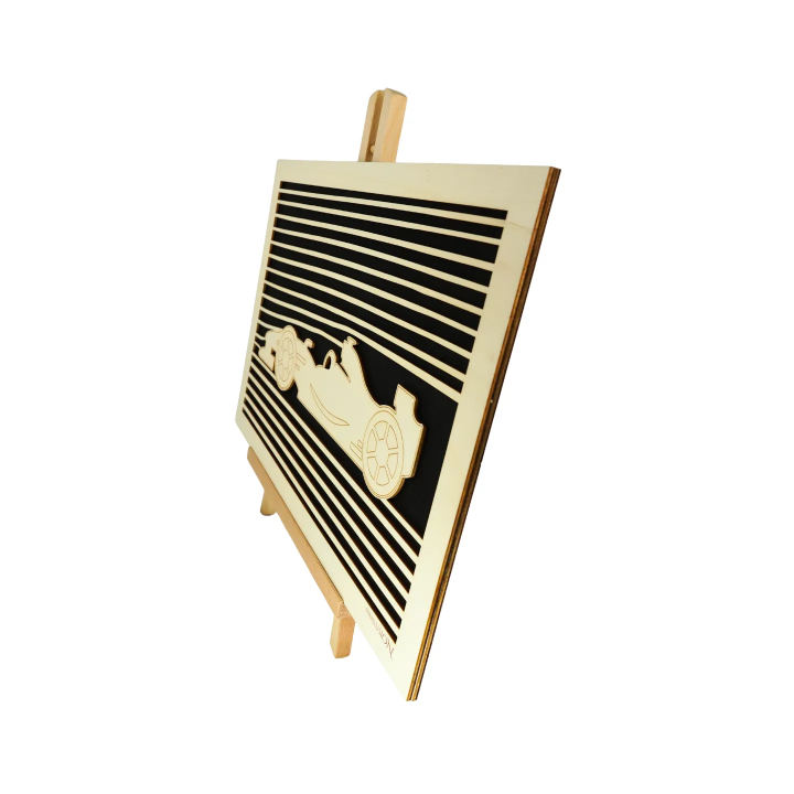 Customizable wall art frame of a car design in cut and engraved wood