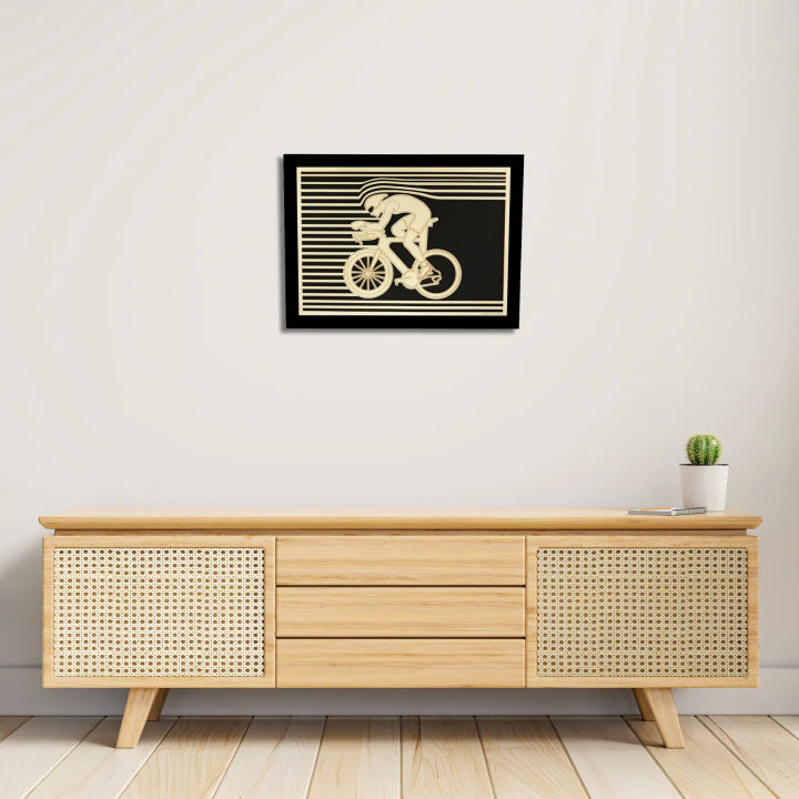 Entrance view with a customizable wall art frame of a cycling design in cut and engraved wood front view with frame Woodillusion
