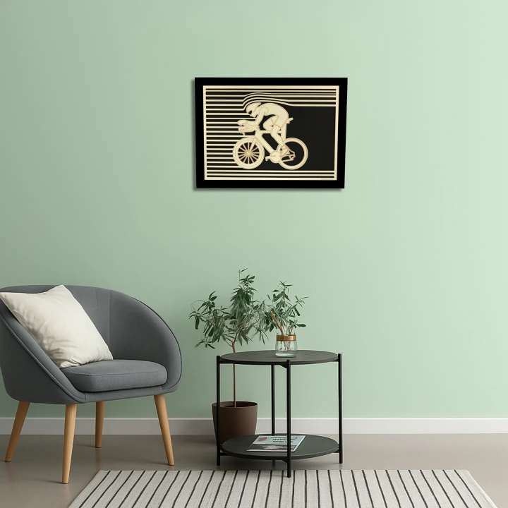 Waiting room view with a customizable wall art frame of a cycling design in cut and engraved wood