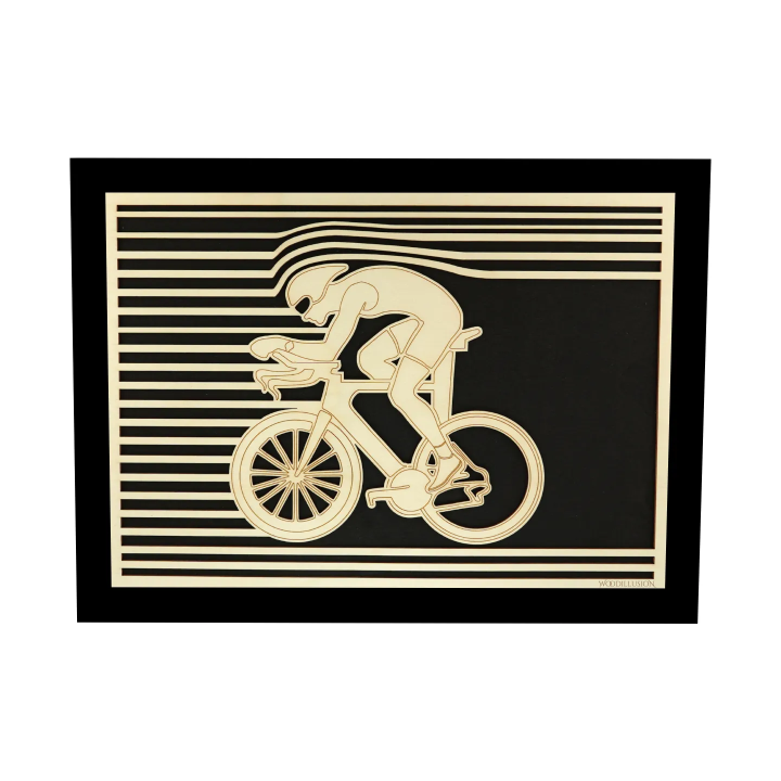 Customizable wall art frame of a cycling design in cut and engraved wood