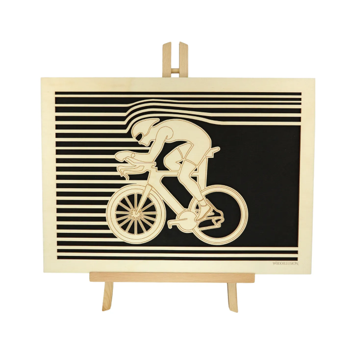 Customizable wall art frame of a cycling design in cut and engraved wood
