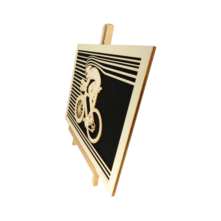 Customizable wall art frame of a cycling design in cut and engraved wood
