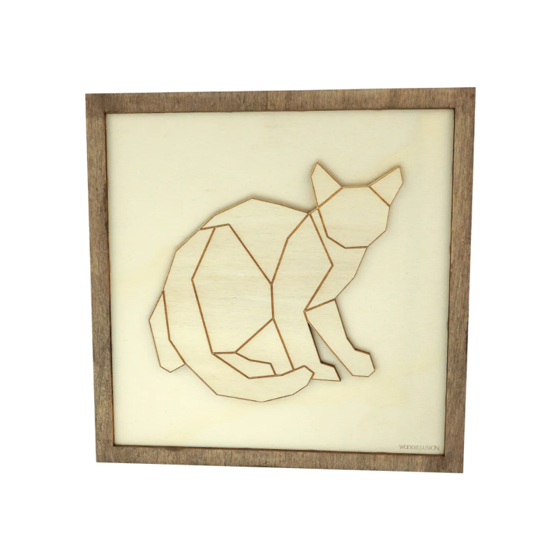 Customizable wall art frame of a wireframe cat in cut and engraved wood front view Woodillusion