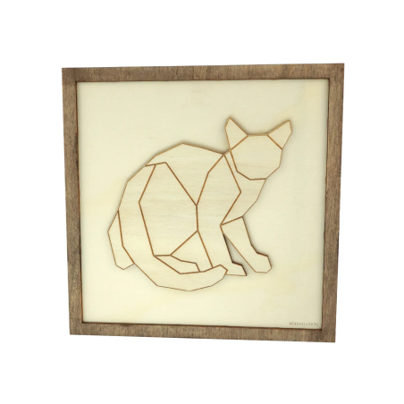 Customizable wall art frame of a wireframe cat in cut and engraved wood front view Woodillusion