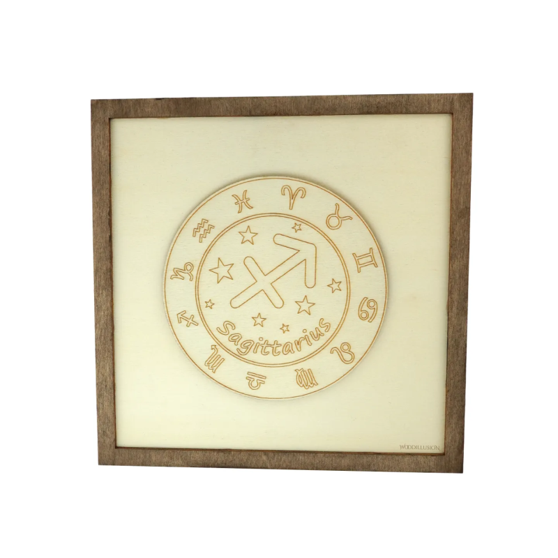 Customizable wall art frame of a Sagittarius in cut and engraved wood front view Woodillusion