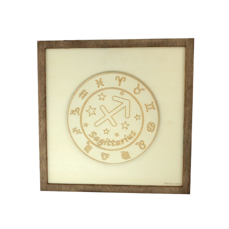 Customizable wall art frame of a Sagittarius in cut and engraved wood front view Woodillusion