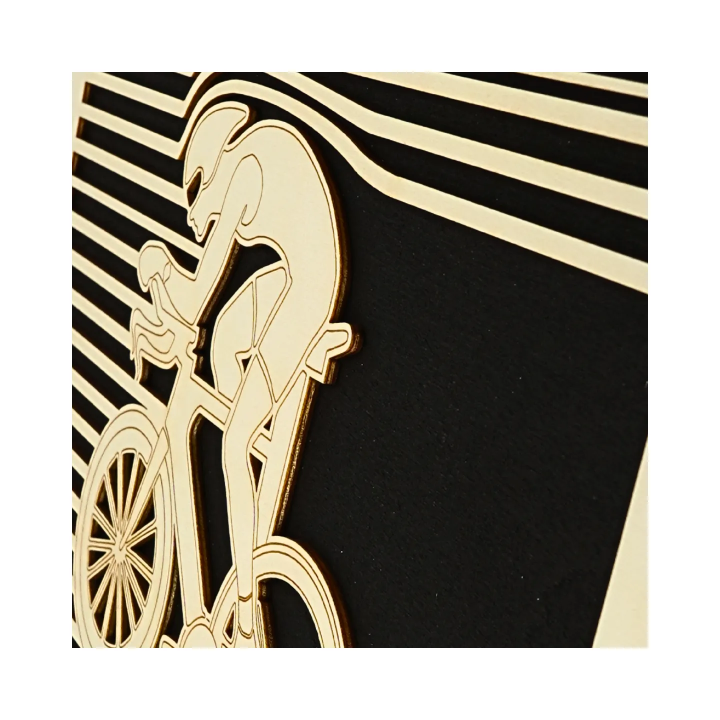 Zoom customizable wall art frame of a cycling design in cut and engraved wood