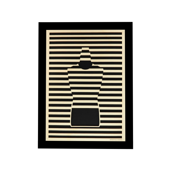 Customizable wall art frame of a bottle design with frame in cut and engraved wood