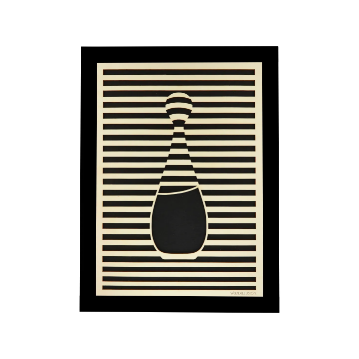 Customizable wall art frame of a bottle design with frame in cut and engraved wood