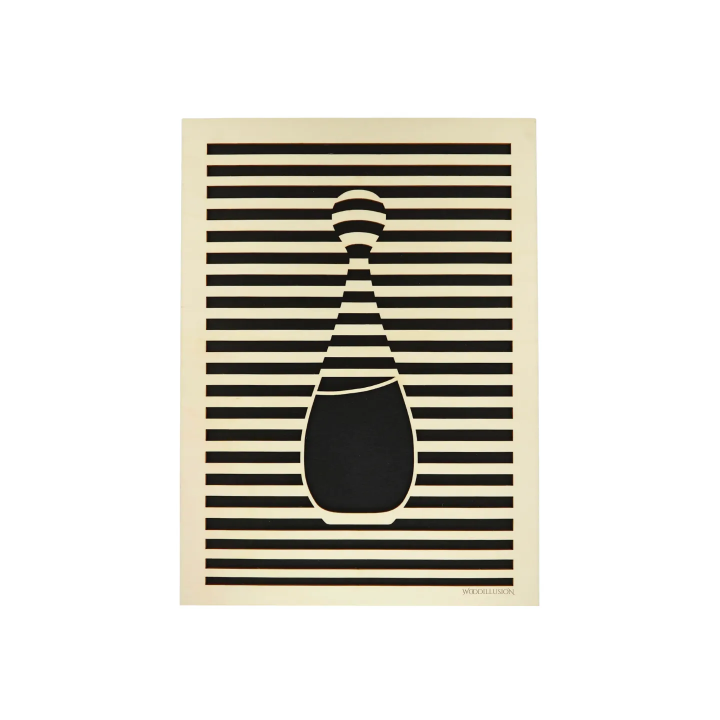 Waiting room view with a customizable wall art frame of a bottle design in cut and engraved wood