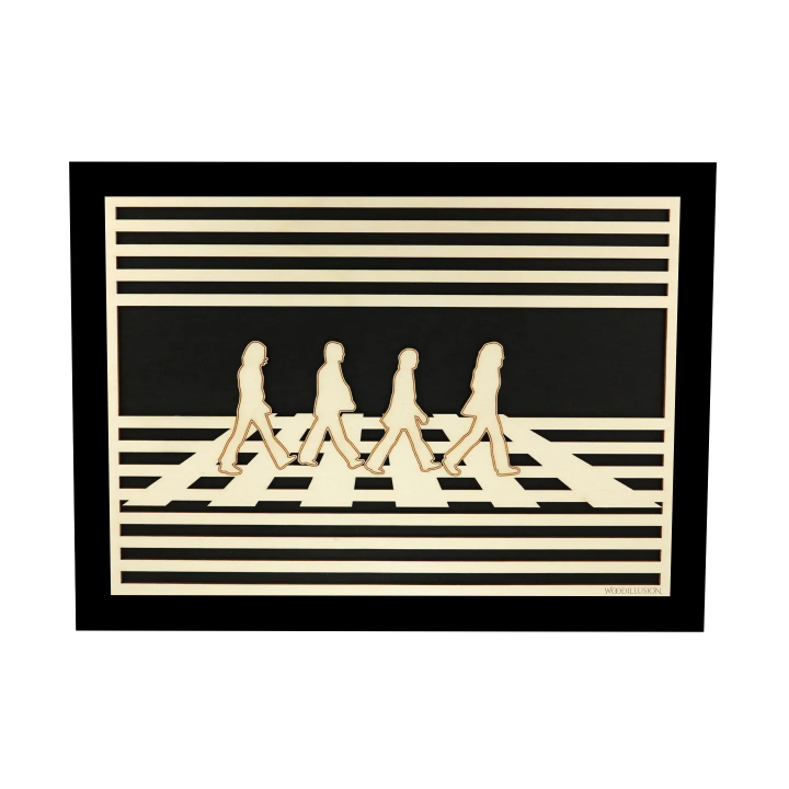 Waiting room view with a customizable wall art frame of The Beatles Abbey Road design in cut and engraved wood