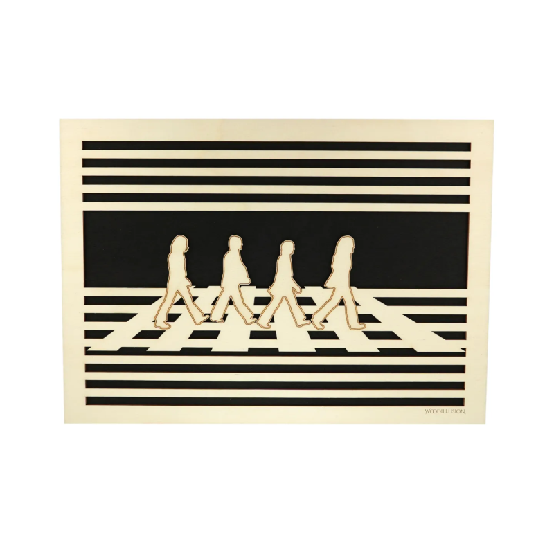Waiting room view with a customizable wall art frame of The Beatles Abbey Road design in cut and engraved wood