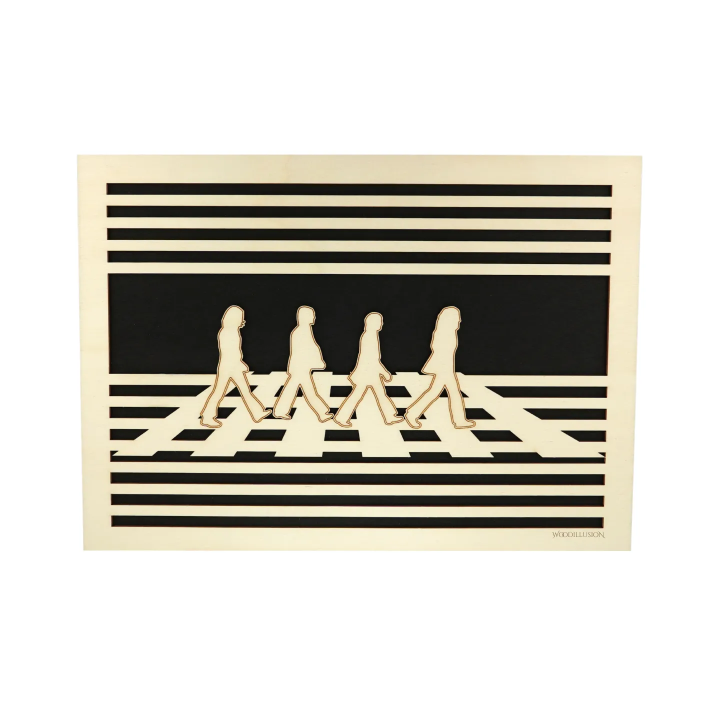 Waiting room view with a customizable wall art frame of The Beatles Abbey Road design in cut and engraved wood