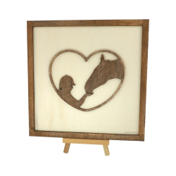 Customizable wall art frame of a horsewoman in cut and engraved wood front view with easel Woodillusion