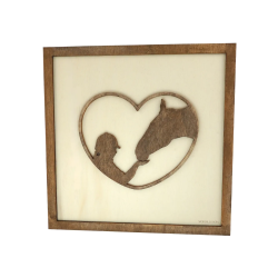 Customizable wall art frame of a horsewoman in cut and engraved wood front view Woodillusion