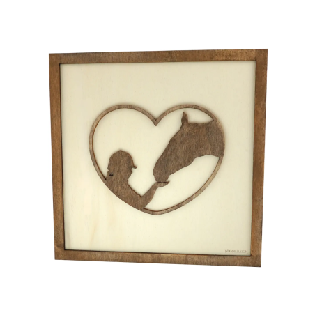 Customizable wall art frame of a horsewoman in cut and engraved wood front view Woodillusion