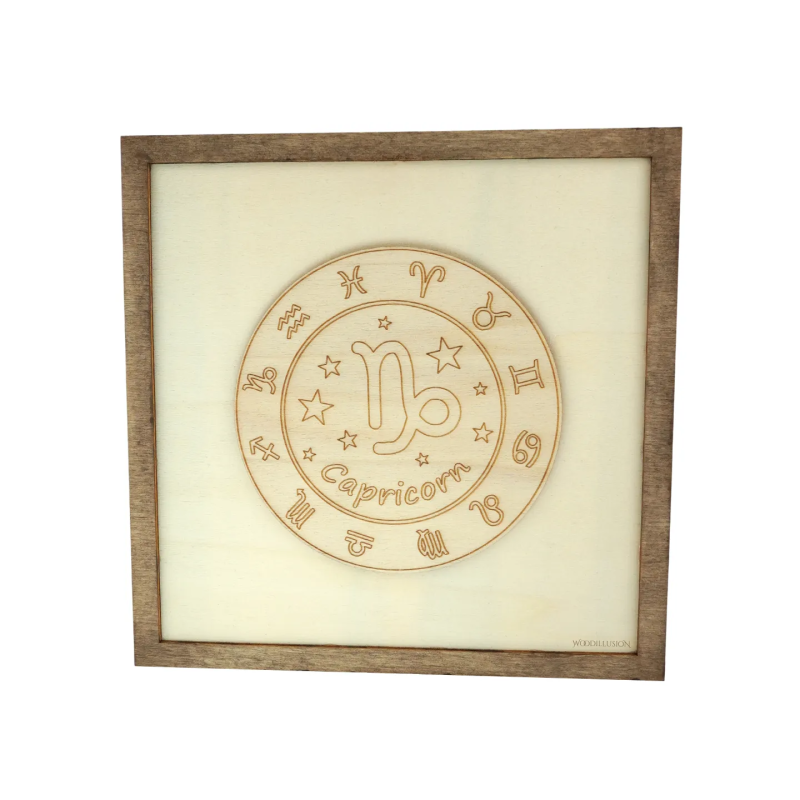 Customizable wall art frame of a Capricorn in cut and engraved wood front view Woodillusion