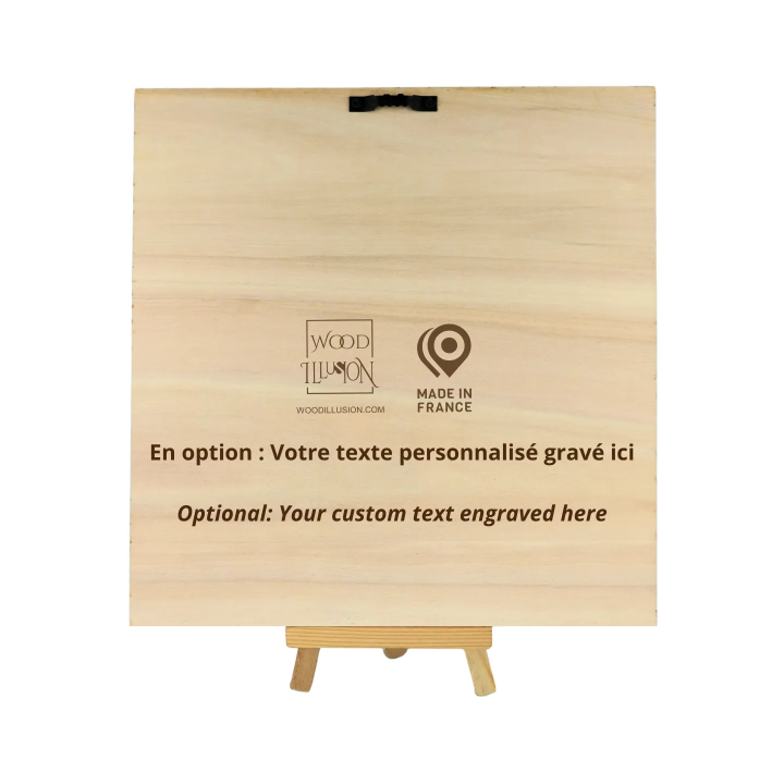 Rear view of a 20 x 20 cm wooden wall art frame with easel and personalized text Woodillusion