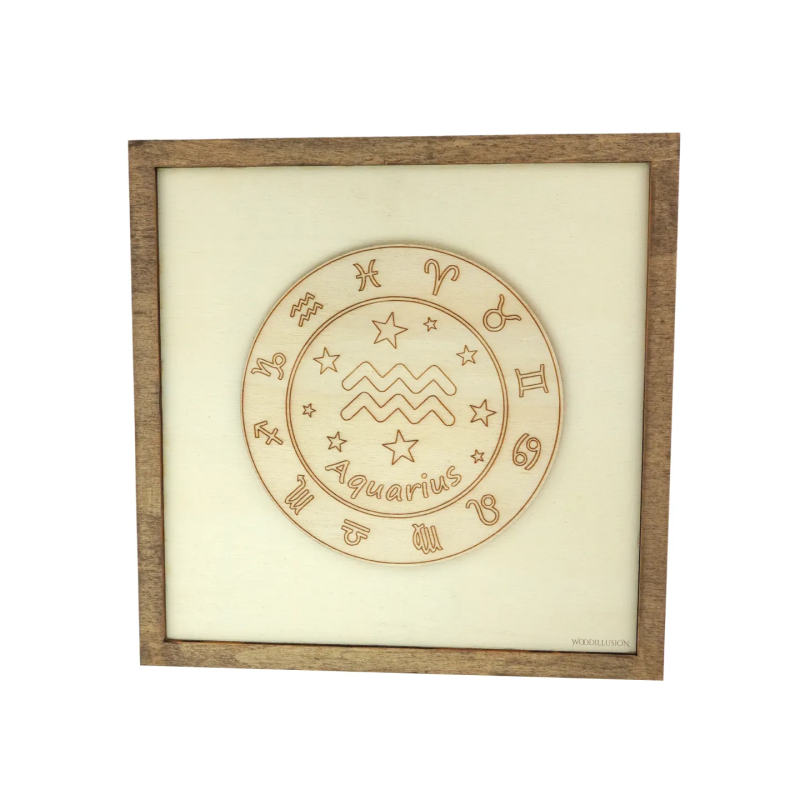 Customizable wall art frame of an Aquarius in cut and engraved wood front view Woodillusion