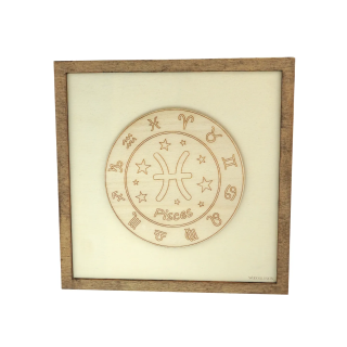 Customizable wall art frame of Pisces in cut and engraved wood front view Woodillusion