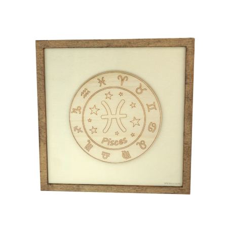 Customizable wall art frame of Pisces in cut and engraved wood front view Woodillusion