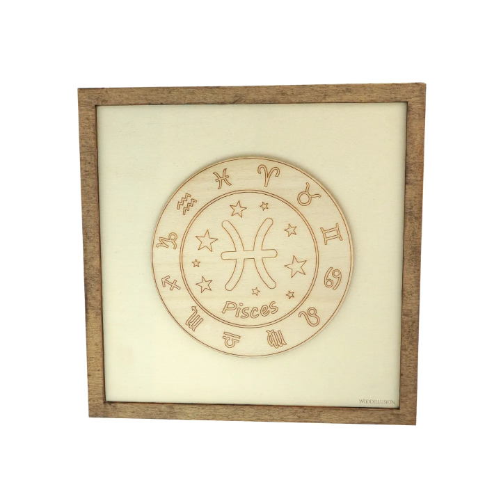 Customizable wall art frame of Pisces in cut and engraved wood front view Woodillusion