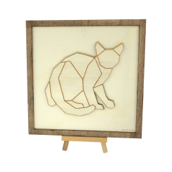 Tableau cadre personnalisable d’un chat filaire en bois découpé et gravé vue de face avec chevalet Woodillusion