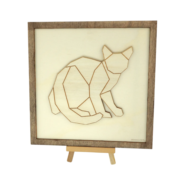 Tableau cadre personnalisable d’un chat filaire en bois découpé et gravé vue de face avec chevalet Woodillusion