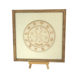 Customizable wall art frame of Pisces in cut and engraved wood front view with easel Woodillusion
