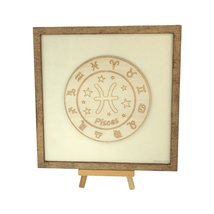 Tableau cadre personnalisable de Poissons en bois découpé et gravé vue de face avec chevalet Woodillusion
