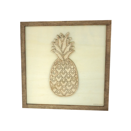 Customizable wall art frame of a pineapple in cut and engraved wood front view Woodillusion