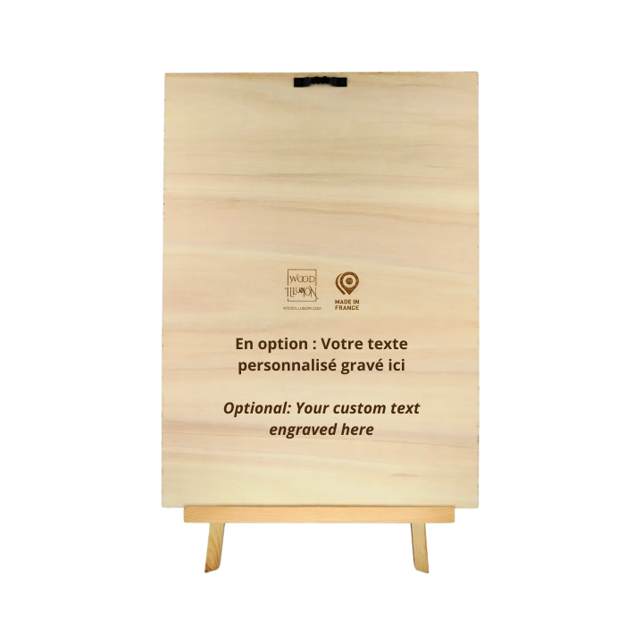 Rear view of a 28 x 38 cm wooden wall art frame with easel and personalized text Woodillusion