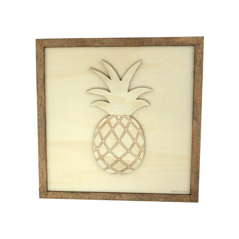 Customizable wall art frame of a pineapple in cut and engraved wood front view Woodillusion