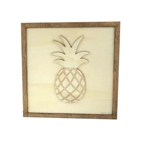 Customizable wall art frame of a pineapple in cut and engraved wood front view Woodillusion
