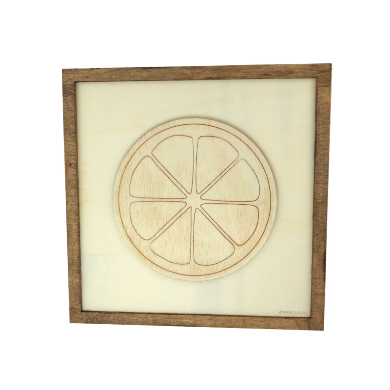 Customizable wall art frame of a lemon in cut and engraved wood front view Woodillusion