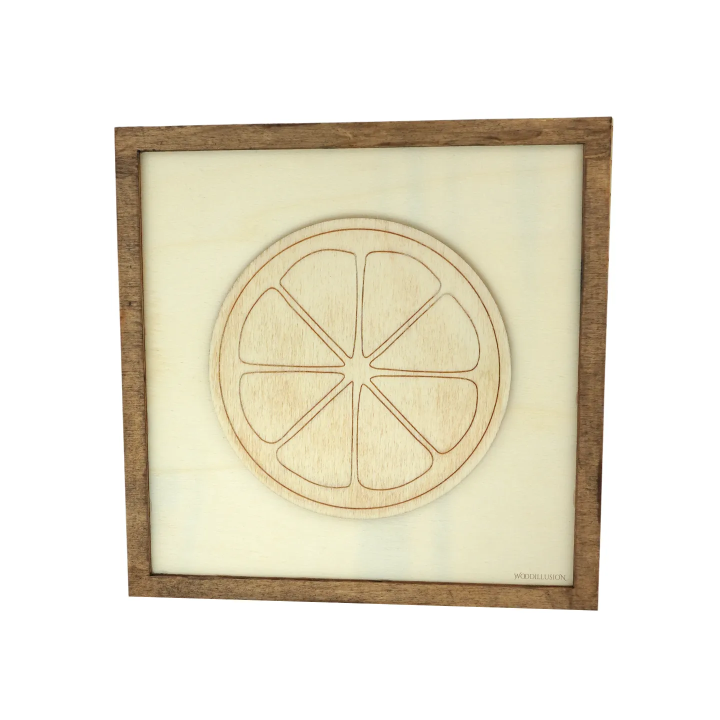 Tableau cadre personnalisable d’un citron en bois découpé et gravé vue de face Woodillusion