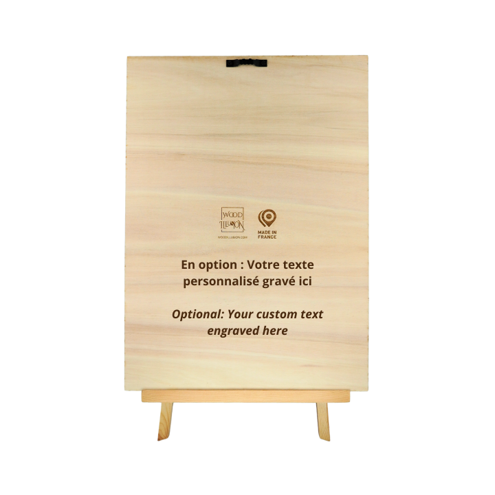 Rear view of a 28 x 38 cm wooden wall art frame with easel and personalized text Woodillusion