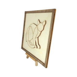 Tableau cadre personnalisable d’un chat filaire en bois découpé et gravé vue de profil avec chevalet Woodillusion