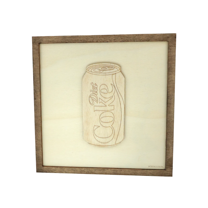 Customizable wall art frame of a Coke can in cut and engraved wood front view Woodillusion