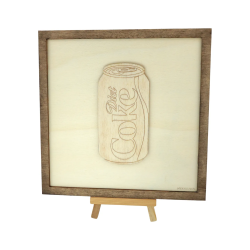 Customizable wall art frame of a Coke can in cut and engraved wood front view with easel Woodillusion