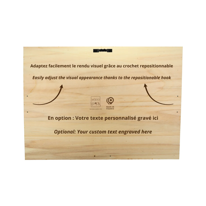 Rear view of a 28 x 38 cm wooden wall art frame landscape format with personalized text and hook Woodillusion