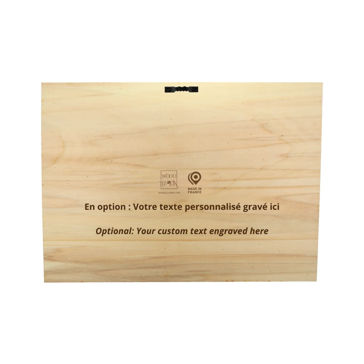 Rear view of a 28 x 38 cm wooden wall art frame landscape format with personalized text Woodillusion