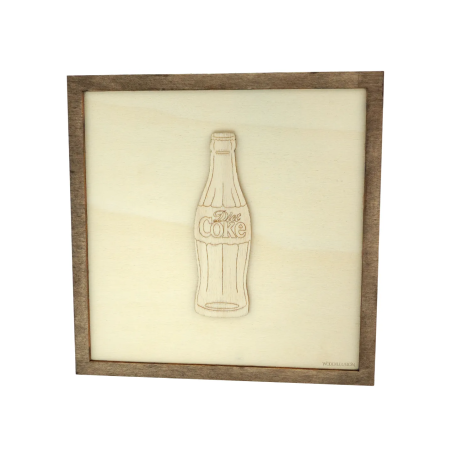 Customizable wall art frame of a Coke bottle in cut and engraved wood front view Woodillusion